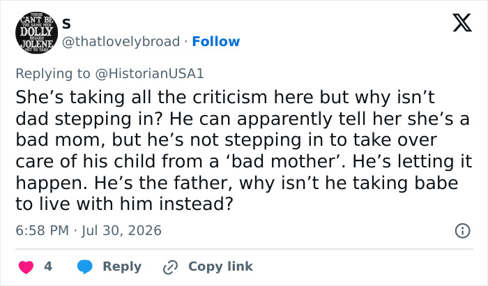 Tweet questioning the father's role when the young woman gives up her baby. Tweet questioning the father's role when the young woman gives up her baby.