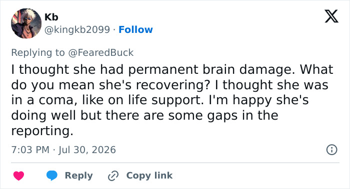 A tweet by Kb discussing an adult star's permanent brain damage and tragic permanent disability. A tweet by Kb discussing an adult star's permanent brain damage and tragic permanent disability.