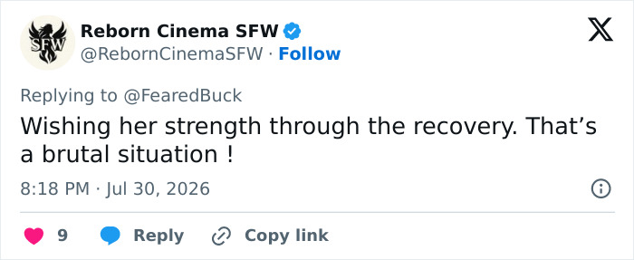 A tweet from Reborn Cinema SFW wishing strength for the adult star's recovery after her devastating tragedy. A tweet from Reborn Cinema SFW wishing strength for the adult star's recovery after her devastating tragedy.