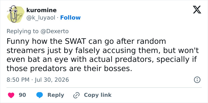 A tweet by kuromine about SWAT going after streamers based on false accusations, referencing a swatting prank leading to a man paralyzed. A tweet by kuromine about SWAT going after streamers based on false accusations, referencing a swatting prank leading to a man paralyzed.