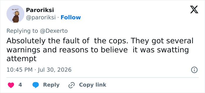Tweet criticizing police for a swatting prank gone wrong, resulting in a man paralyzed, after being warned. Tweet criticizing police for a swatting prank gone wrong, resulting in a man paralyzed, after being warned.