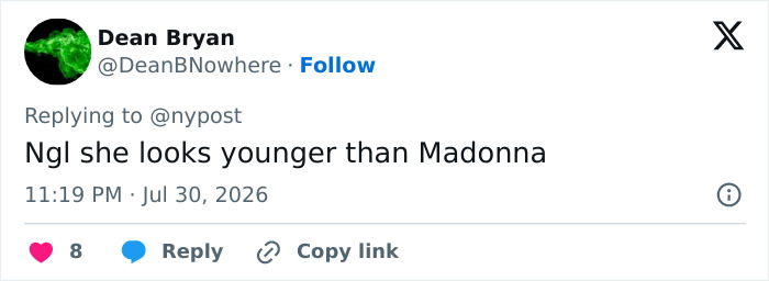 A social media comment from Dean Bryan titled Ngl she looks younger than Madonna discussing a Hollywood star joining an adult content platform at 85. A social media comment from Dean Bryan titled Ngl she looks younger than Madonna discussing a Hollywood star joining an adult content platform at 85.