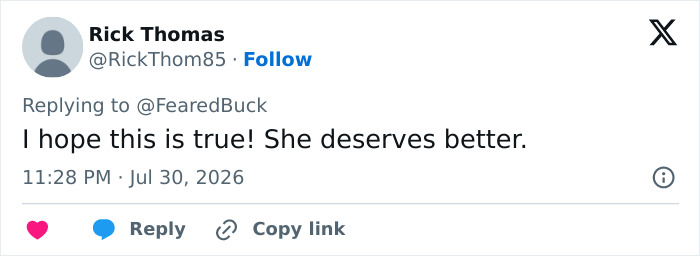 A tweet by Rick Thomas expressing hope for an adult star's better health update after a tragedy. A tweet by Rick Thomas expressing hope for an adult star's better health update after a tragedy.
