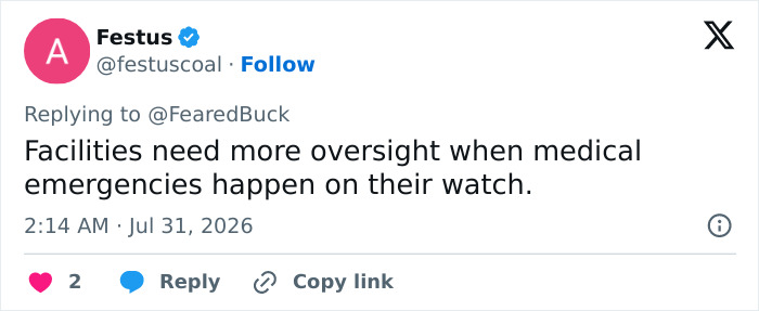 A tweet by Festus about the need for oversight in facilities regarding an adult star's tragedy. A tweet by Festus about the need for oversight in facilities regarding an adult star's tragedy.