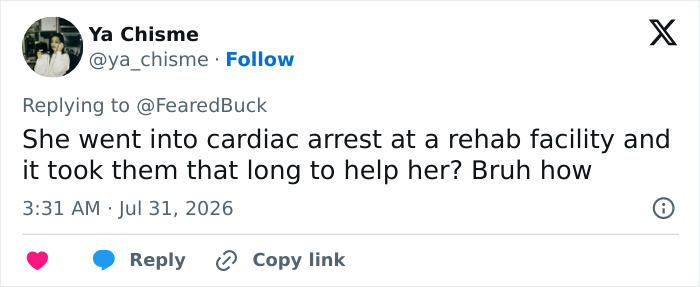 A tweet by Ya Chisme questioning the delay in helping an adult star who suffered cardiac arrest at rehab. A tweet by Ya Chisme questioning the delay in helping an adult star who suffered cardiac arrest at rehab.