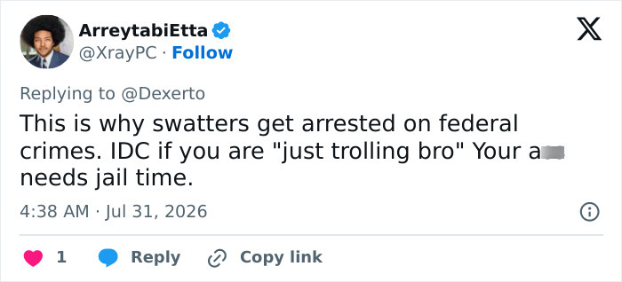 A tweet about swatting prank consequences and federal crimes for doxxing and swatting pranks. A tweet about swatting prank consequences and federal crimes for doxxing and swatting pranks.