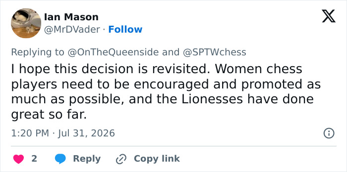 A social media post from the chess community expressing hope for revisiting a decision on women chess players. A social media post from the chess community expressing hope for revisiting a decision on women chess players.