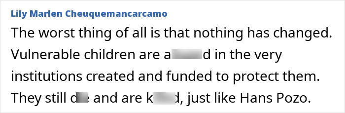 A comment lamenting that nothing has changed for vulnerable children, like Hans Pozo, who disappeared.