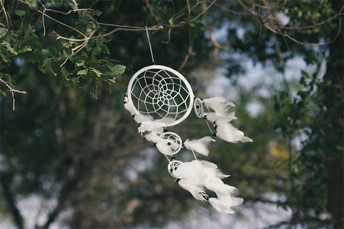 A white dreamcatcher with feathers hanging from a tree branch. This image relates to a crazy MIL.