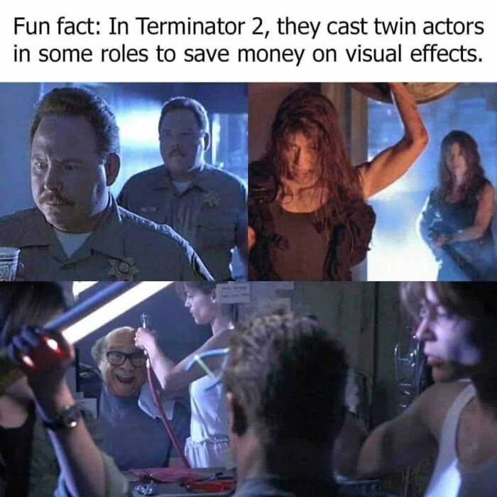 Terminator 2 movie scenes in a meme, showcasing twin actors from the '80s and '90s superior decades.