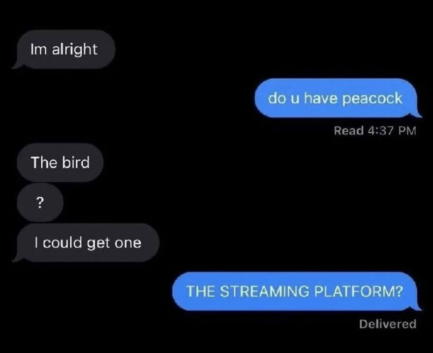 A hilariously unhinged screenshot of a text conversation where one person asks about Peacock and the other thinks of the bird.
