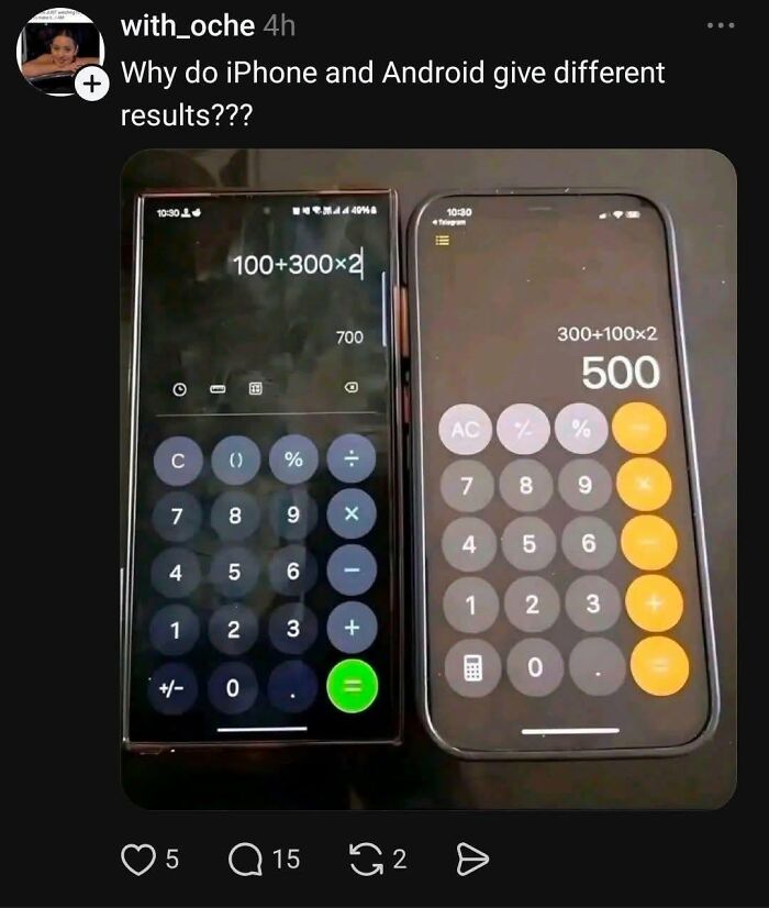 Two smartphones display different calculator results for the same equation, illustrating America's cultural decline into idiocy.
