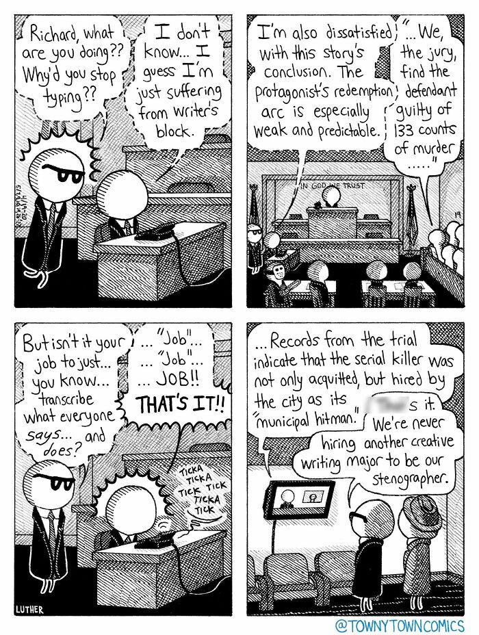 A comic strip about everyday US Midwest life, with a stenographer experiencing writer's block during a trial.