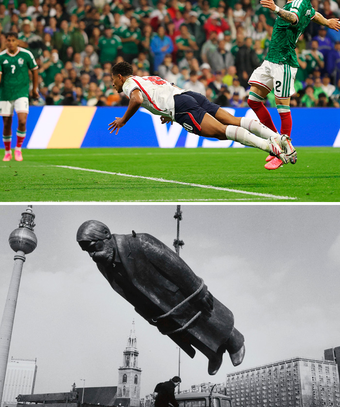 A split image shows a soccer player diving next to a player from the World Cup 2026, recreating a hanging statue.