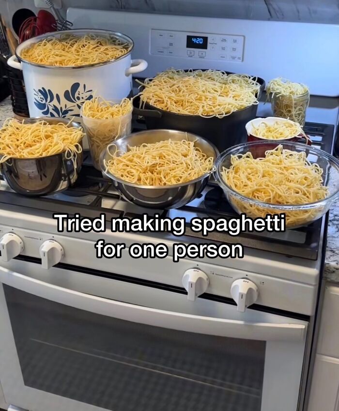 Relatable memes showing excessive spaghetti on a stove, a humorous cooking mishap to boost morale.