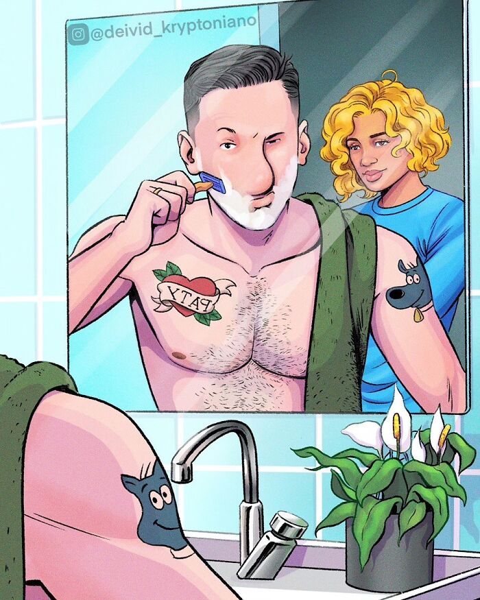 An artist reimagined Doug Funnie as an adult, shaving, with a tattoo of his dog, Porkchop, and Patti in the reflection.