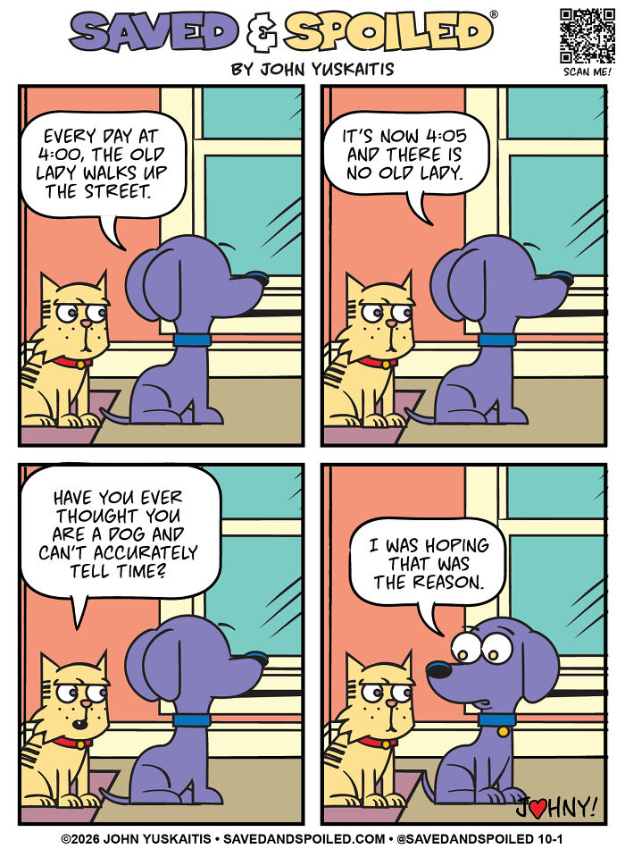 A comic where a dog and a cat discuss an old lady's walking schedule, the cat questioning the dog's time perception.