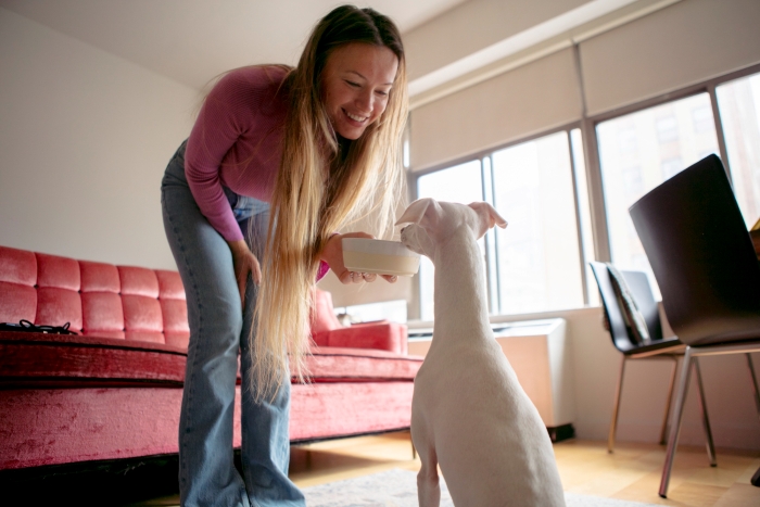 A woman smiling while feeding a white dog, related to her ex-wife staying in his home. A woman smiling while feeding a white dog, related to her ex-wife staying in his home.