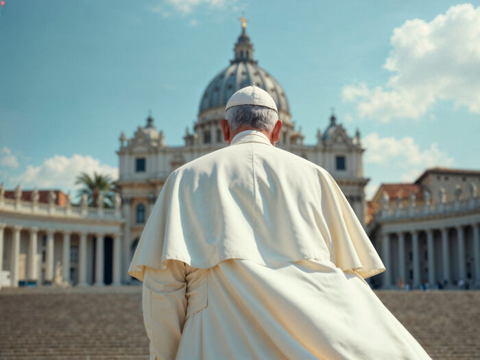 The Pope from behind, looking towards St. Peter's Basilica, symbolizing powerful intuition and spiritual foresight.