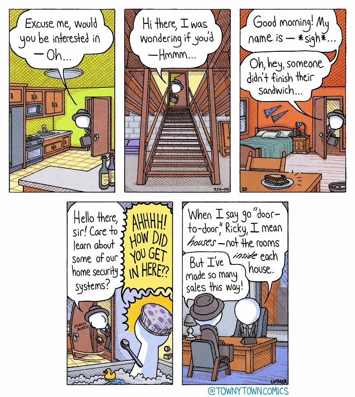 A comic strip depicting funny US Midwest life, with a character entering different rooms for a security system pitch.