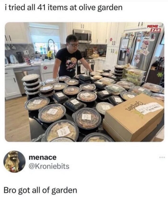 Respectful memes depicting a person surrounded by numerous Olive Garden food containers, boosting morale.