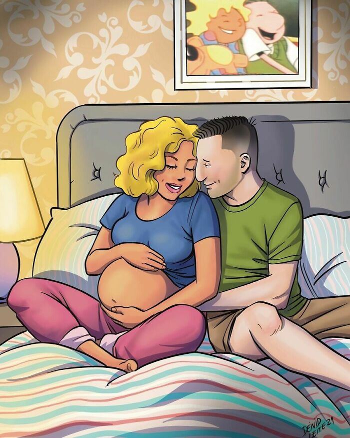 An artist reimagined Doug Funnie and Patti Mayonnaise as adults, a pregnant Patti and Doug embracing in bed.