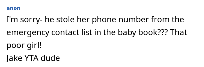 A screenshot of a comment about the guy stealing the nanny's number from the baby book.