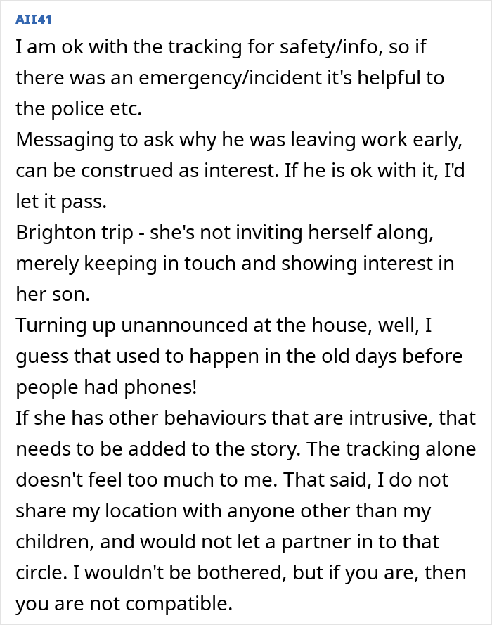 A comment supporting a mother tracking her son's location for safety, defending her actions as showing interest.