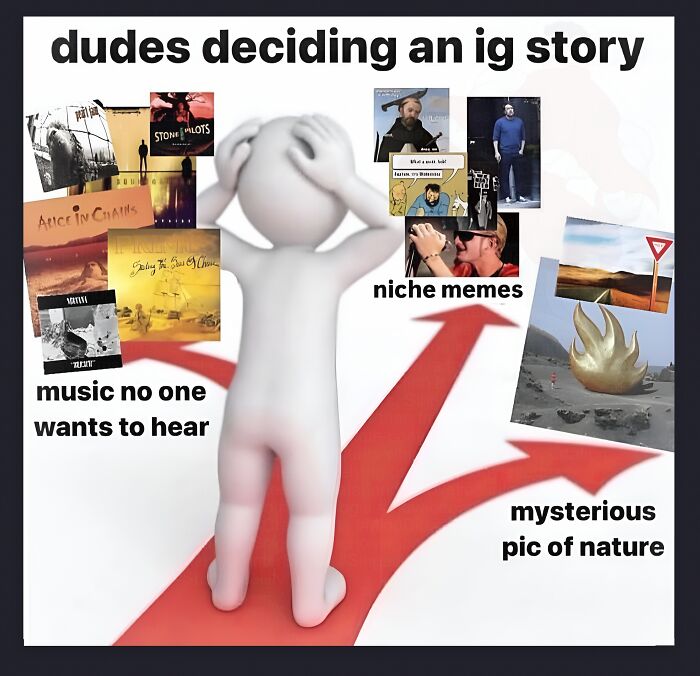 A weird meme depicting a person contemplating choices for an Instagram story: music, niche memes, or nature pics.