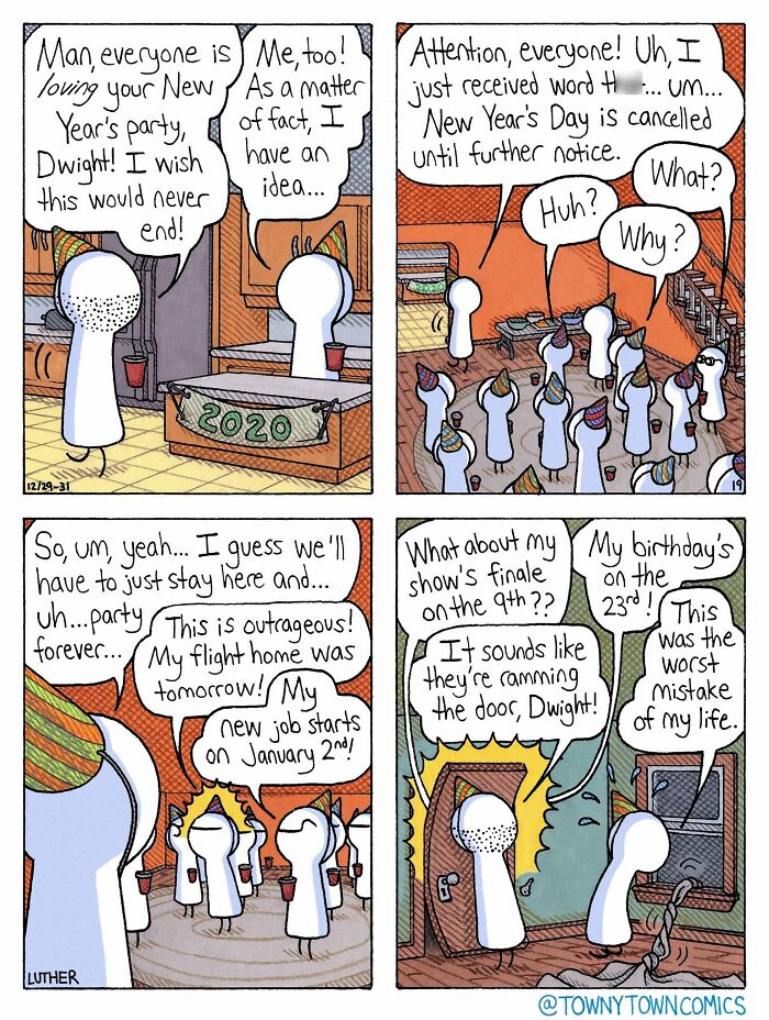 A comic strip about US Midwest life, featuring characters at a cancelled New Year's party during lockdown.