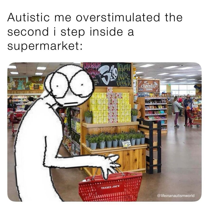 An image with text Autistic me overstimulated the second i step inside a supermarket with a cartoon in a supermarket.