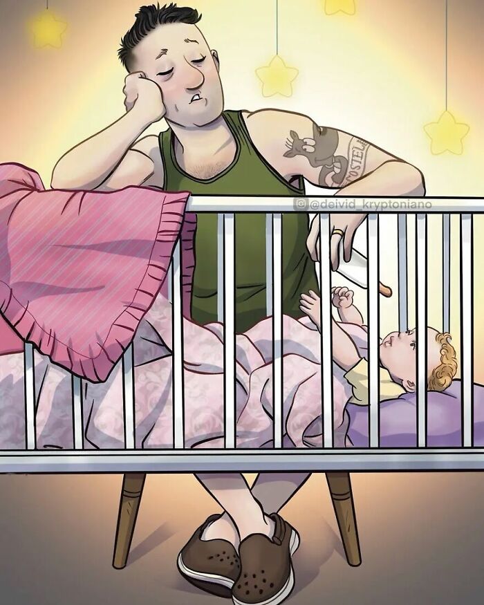An artist reimagined Doug Funnie as an adult, looking tired over a baby crib with a crying baby.