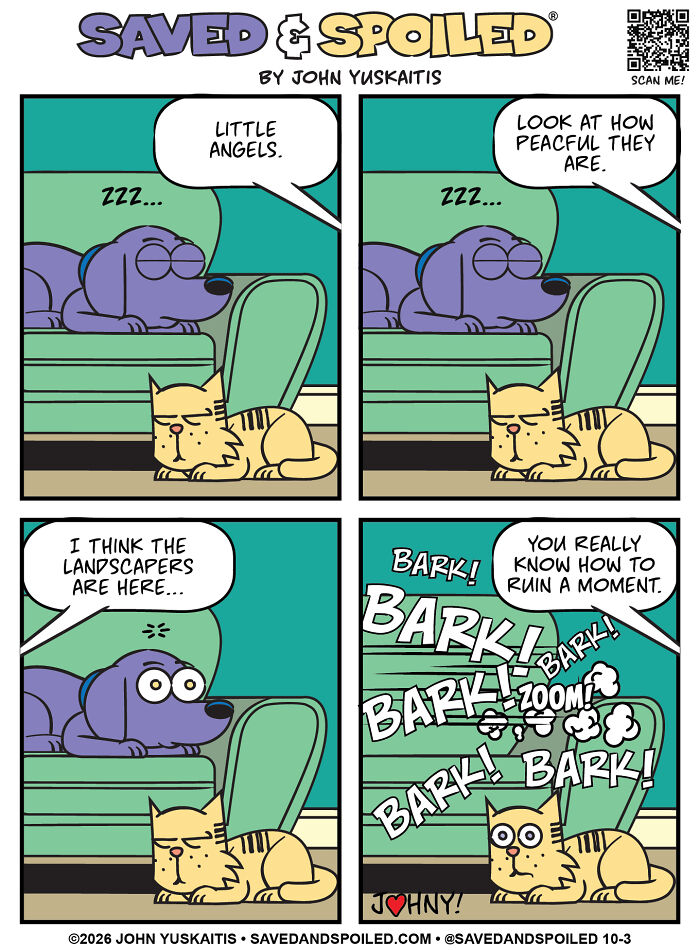 A comic showing a dog and a cat sleeping, then the dog barking wildly at landscapers, startling the cat.