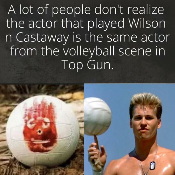 Wilson from Castaway and Val Kilmer from Top Gun in a meme comparing '80s and '90s movie facts.