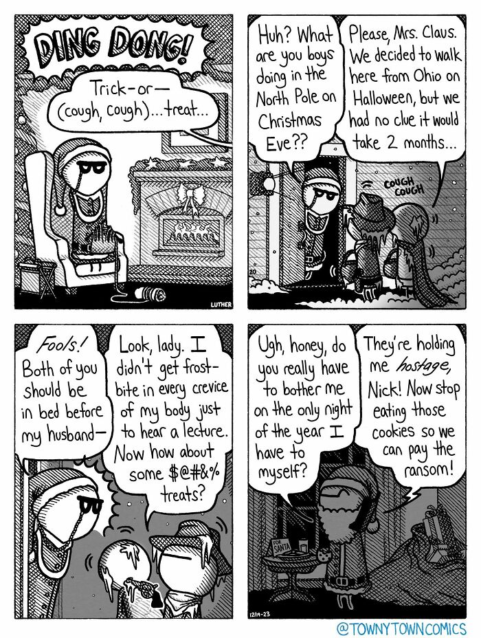 A comic strip about trick-or-treating at Christmas, illustrating the wonderfully ridiculous everyday life in the US Midwest.