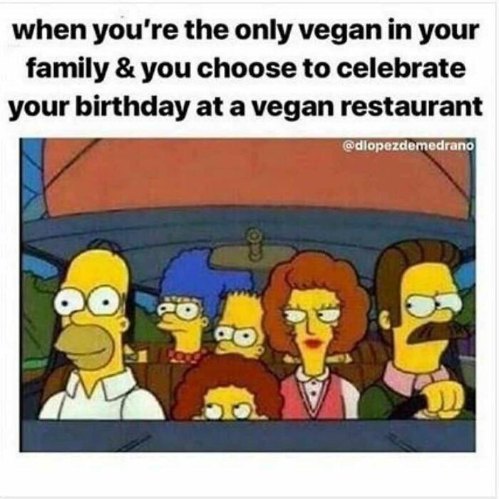 A humorous meme featuring The Simpsons family in a car, illustrating a funny vegan experience.