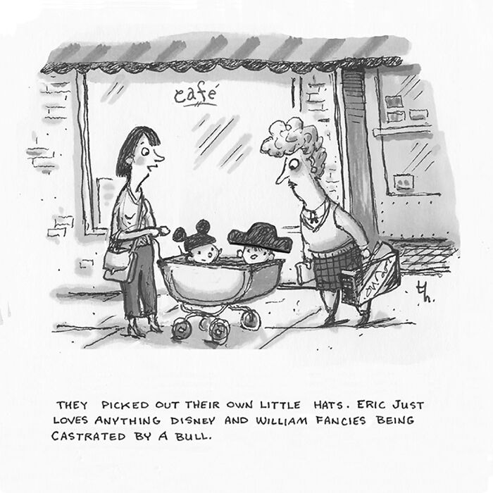 Two women with a stroller in front of a cafe, with sharp humor single-panel cartoons by Tim Haggerty.