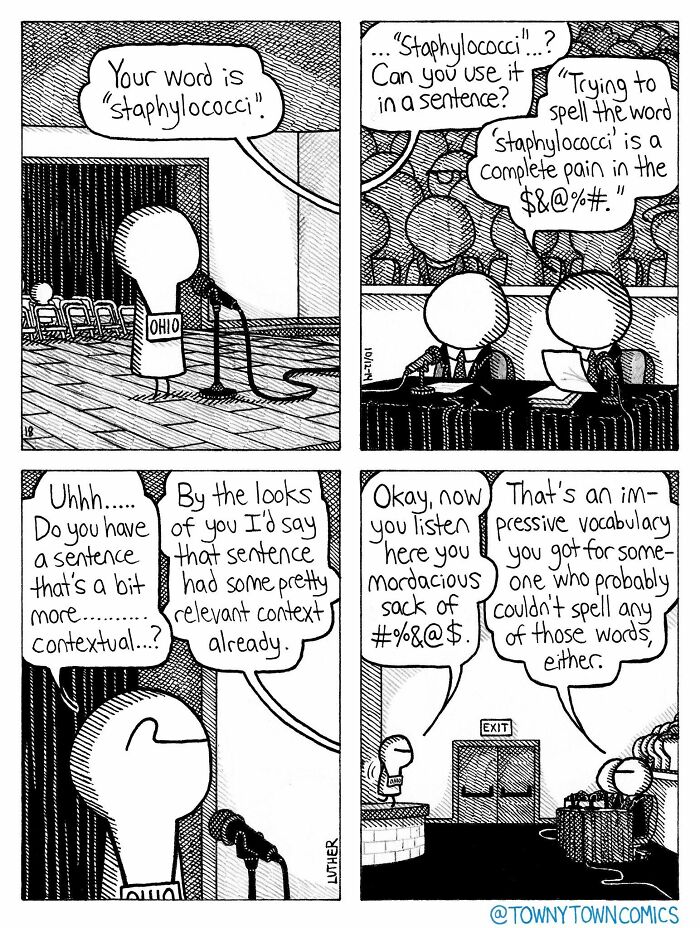A comic strip showing a spelling bee, capturing the wonderfully ridiculous everyday life in the US Midwest, with a contestant.