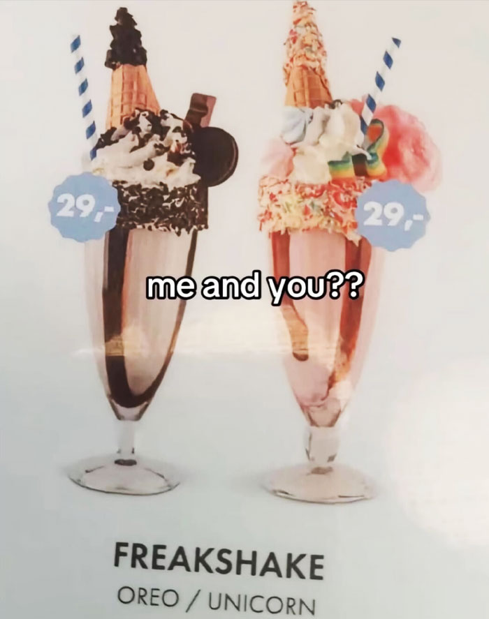 Two elaborate freakshakes on a menu, generating cringe memes asking 'me and you?'