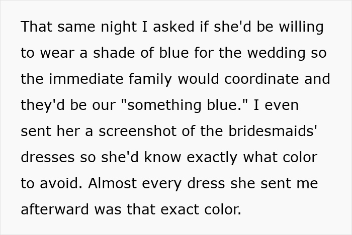 Screenshot of text regarding a MIL causing family feud, insisting on a specific color dress for childfree wedding guests. Screenshot of text regarding a MIL causing family feud, insisting on a specific color dress for childfree wedding guests.