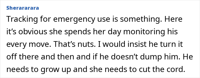 A comment criticizing a mother's obsession with tracking her son's location, advising him to cut the cord.