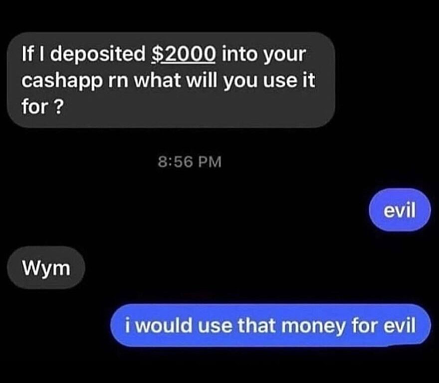 A hilariously unhinged screenshot of a text conversation where one person asks what the other would do with $2000, and the reply is evil.
