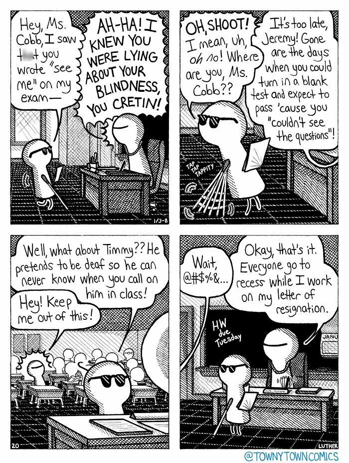 A comic strip of a classroom, highlighting the wonderfully ridiculous everyday life in the US Midwest, with students and a teacher.