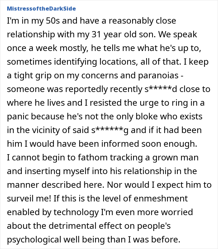 A comment from a mother in her 50s discussing her son's location and concerns about tracking technology.