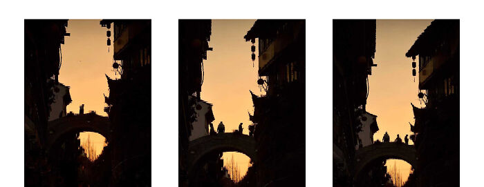 A triptych of a sunset over traditional Asian architecture with people on a bridge, an extraordinary winning photo for the iPhone Photography Awards.