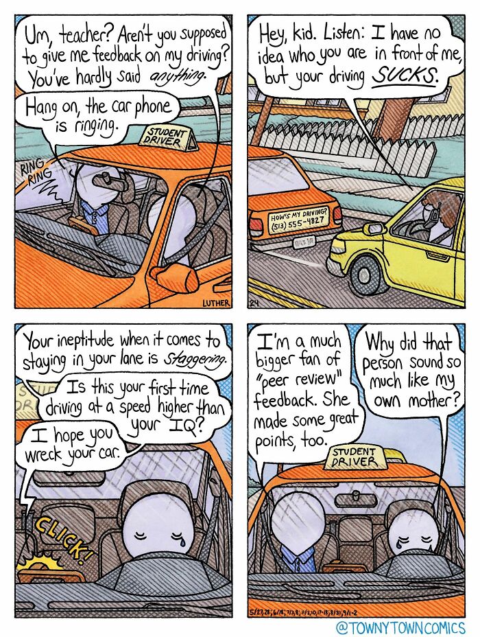 A comic strip about driving lessons, showcasing the wonderfully ridiculous everyday life in the US Midwest, with a student driver.
