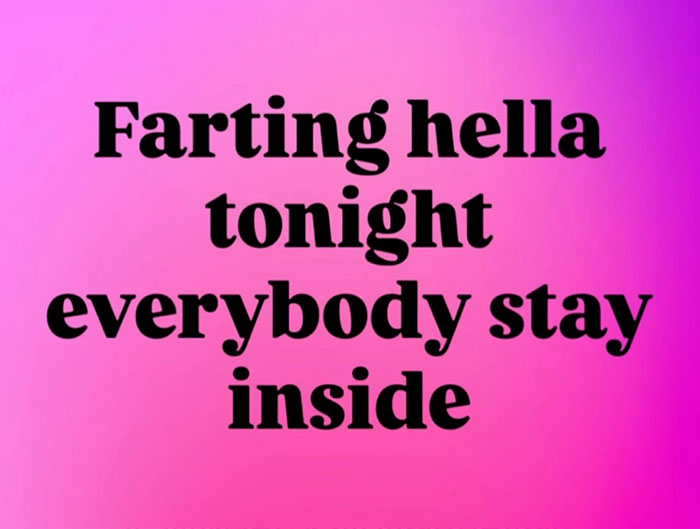 A cringe meme with the text: Farting hella tonight everybody stay inside, on a pink and purple background.
