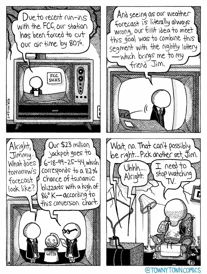 A comic strip depicting the wonderfully ridiculous everyday life in the US Midwest, featuring a TV weather forecast and lottery.