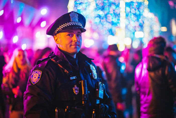 Police officer looking at the camera amidst a crowd with vibrant blue and pink lights, depicting jobs guys have.