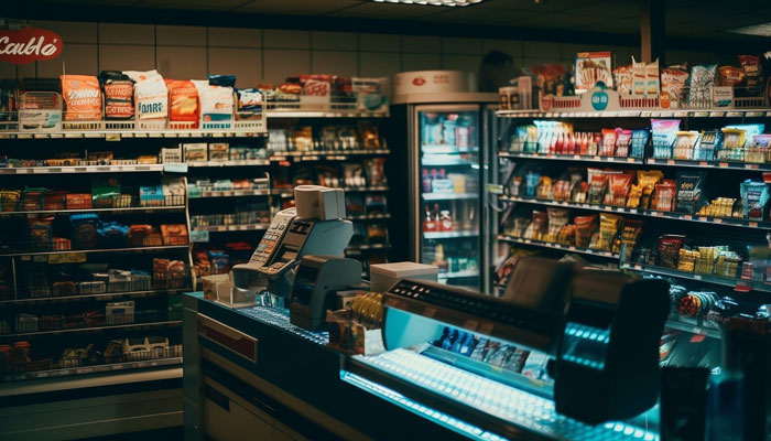 A wide shot of a convenience store interior with shelves stocked, a register counter, and a beverage cooler visible.